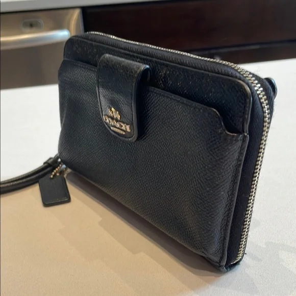 Coach Leather Wristlet Long Wallet, Front Phone Pouch, Zip Around, Black - Picture 3 of 14